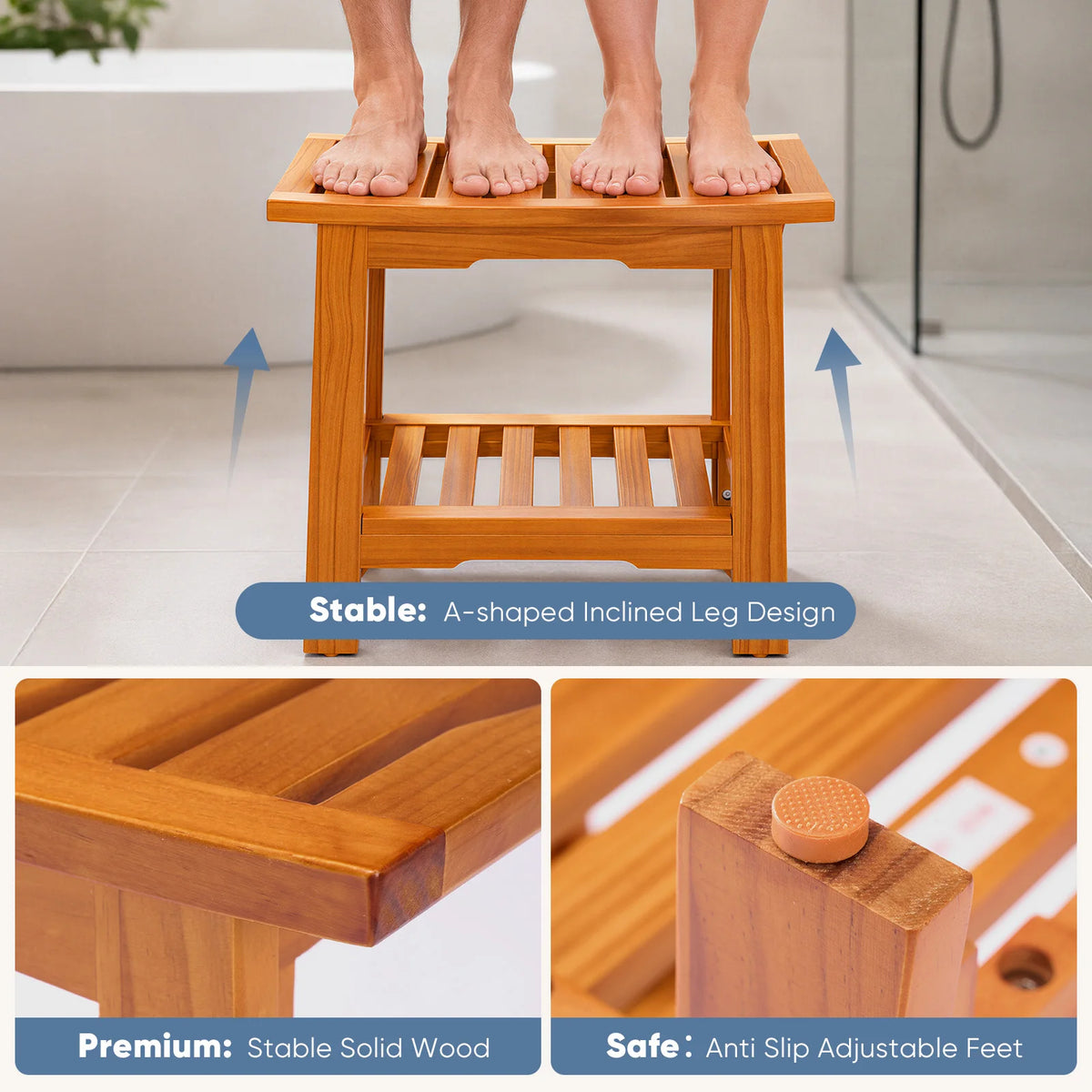 Wooden Shower Stool with Storage Shelf and Handles, 300 lbs
