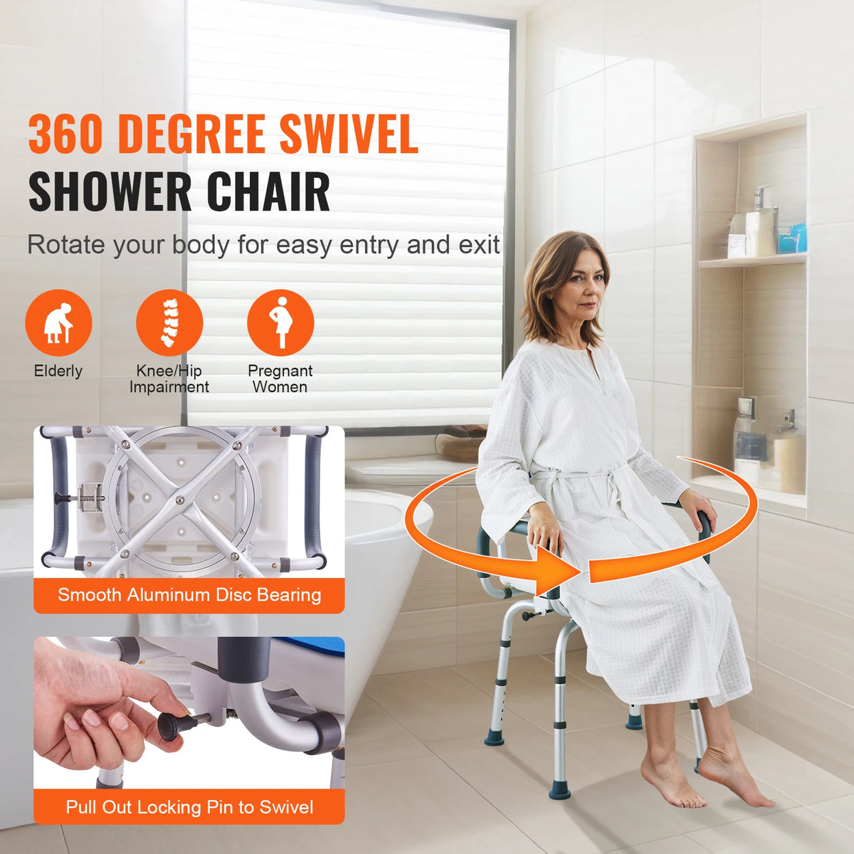 360-Degree Swivel Shower Chair with Armrests