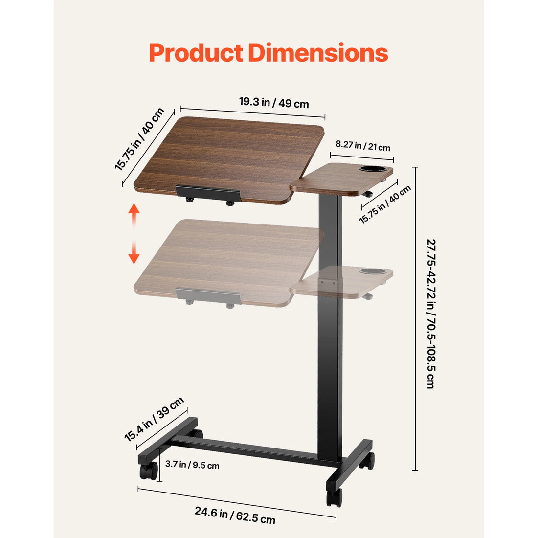 Mobile Overbed Table with Adjustable Height and Angle