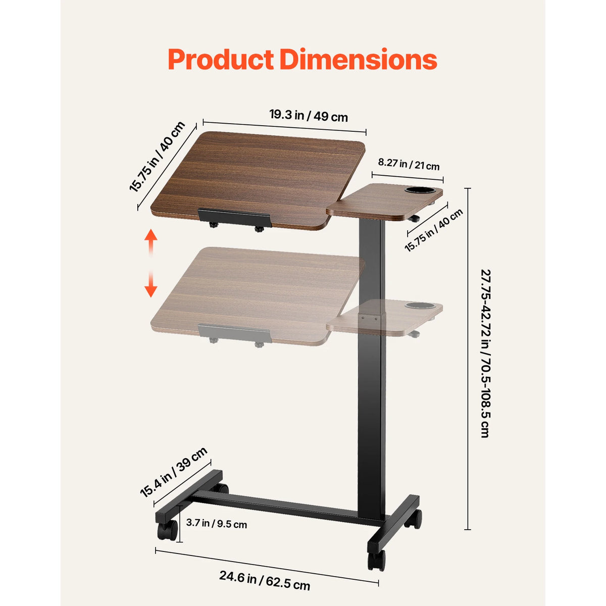 Mobile Overbed Table with Adjustable Height and Angle