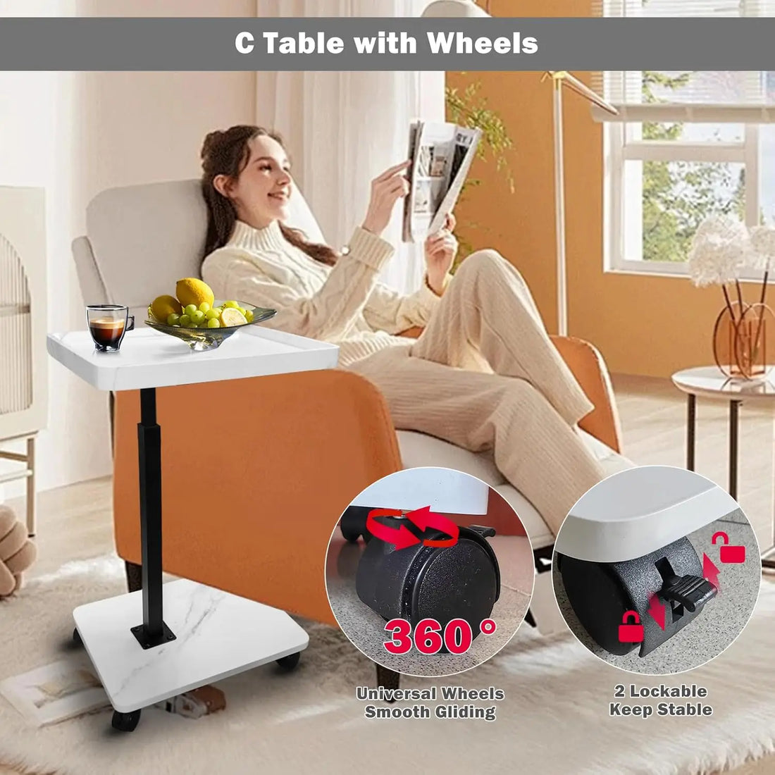 Adjustable Rolling Overbed Table with Rotating Tray