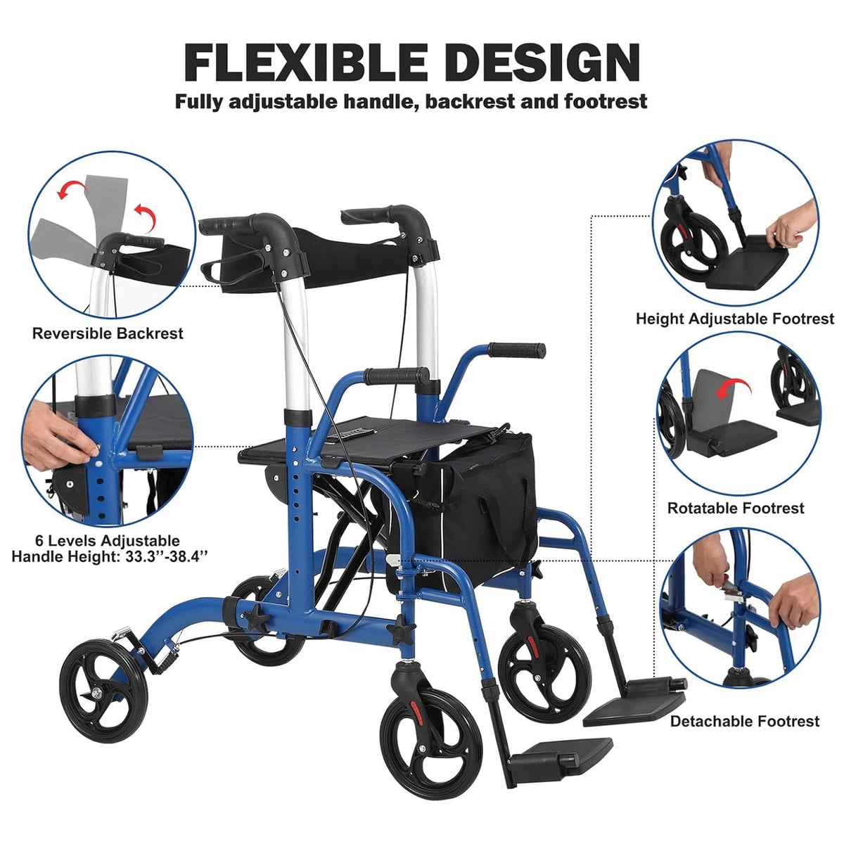 Foldable Rollator Walker with Seat and Backrest