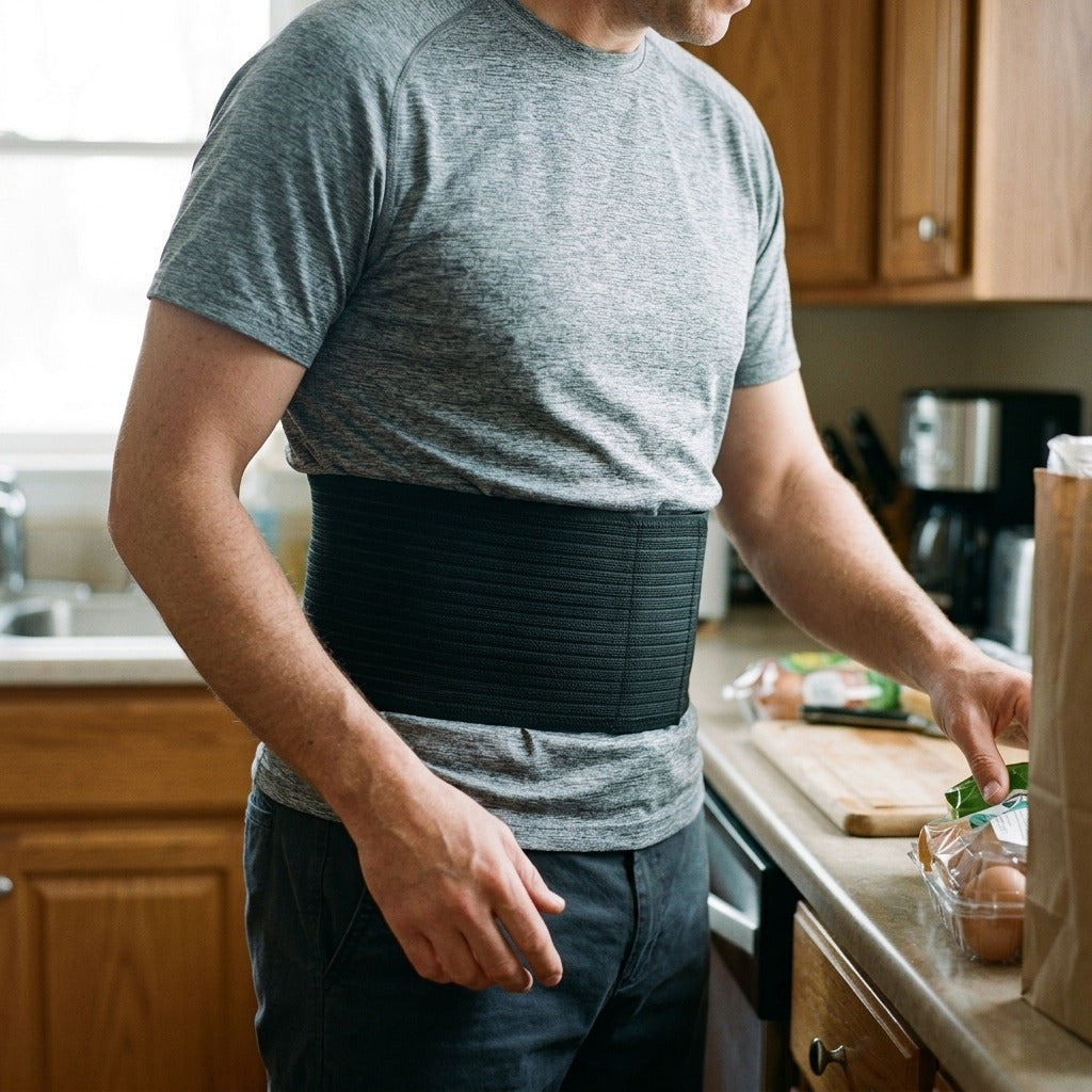 Abdominal Binder with Silicone Pad for Waist Support - in use