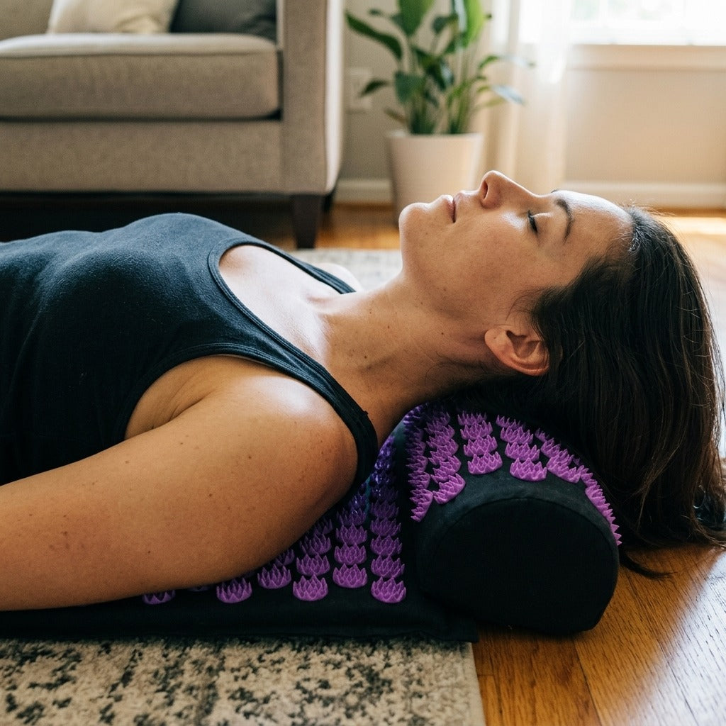 Acupressure Mat and Cushion for Body Use - in use