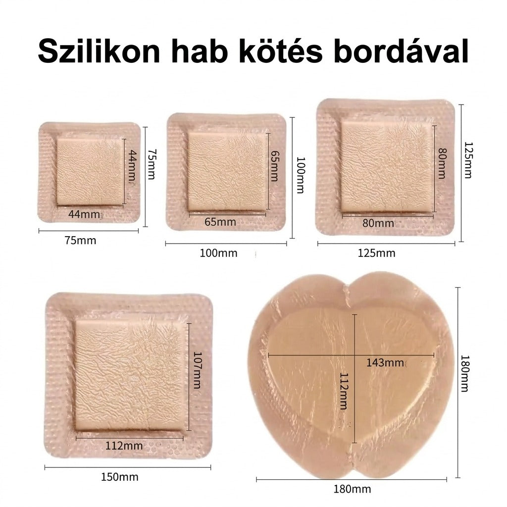 Különböző méretű és formájú szilikon hab kötszerek pontos méretekkel megadva.