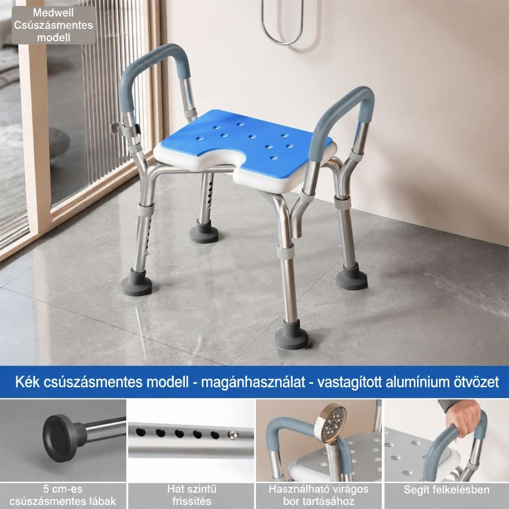 Kék, karfás zuhanyszék állítható lábakkal és csúszásmentes talpakkal.