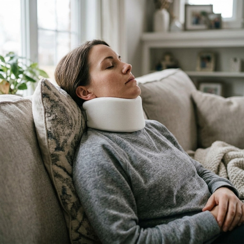 Adjustable Breathable Neck Brace for Sleep Support - in use