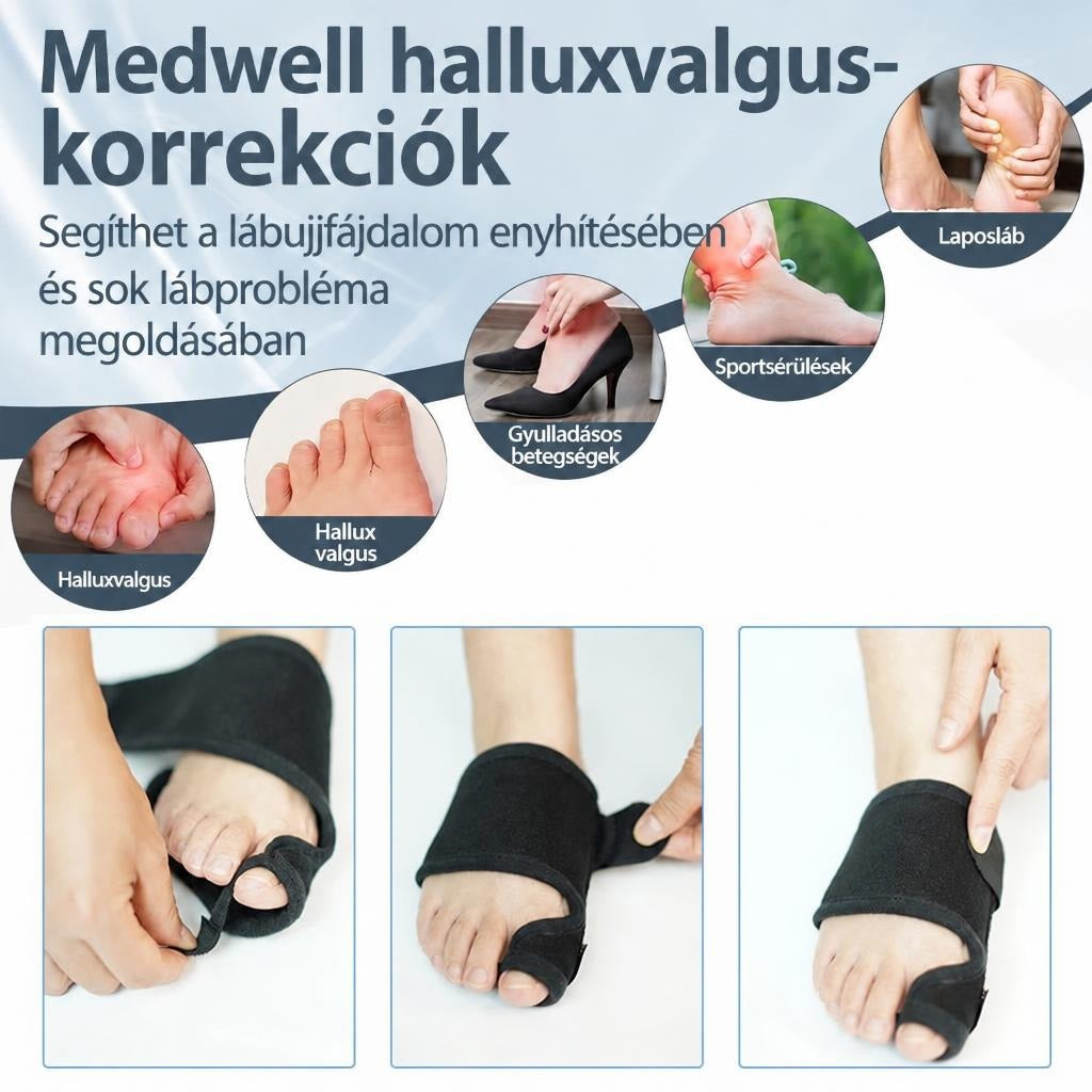 Medwell hallux valgus korrekciós pánt és alkalmazási területei különböző lábproblémák esetén.