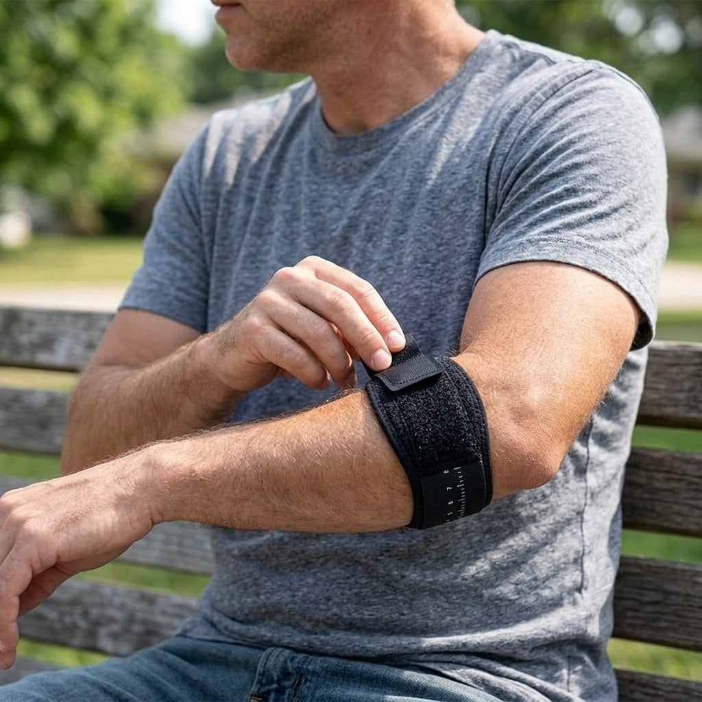 Adjustable Elbow Brace with Removable Pad - in use