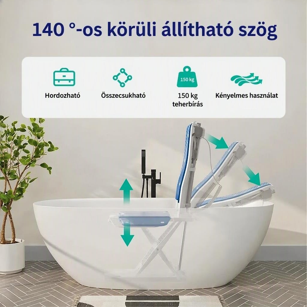 Kádba helyezhető elektromos fürdőlift állítható háttámlával egy modern fürdőszobában.