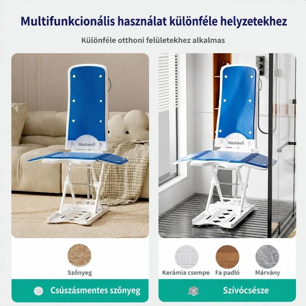 Multifunkcionális fürdőszobai és szobai emelőszék különféle padlófelületekhez alkalmas kivitelben.