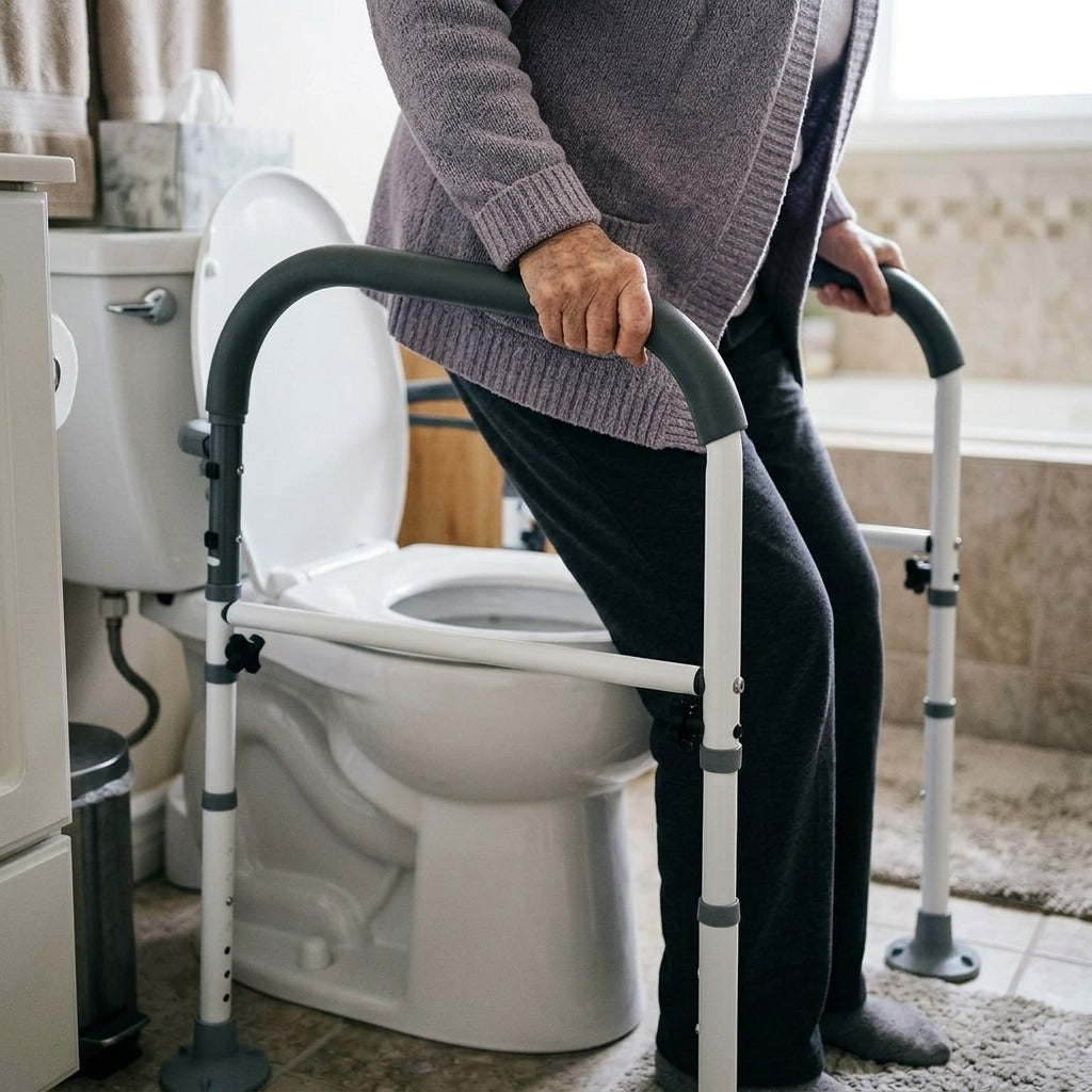 Adjustable Foldable Toilet Safety Rail with Grab Bar - in use