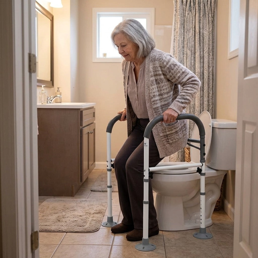 Adjustable Foldable Toilet Safety Rail with Grab Bar - in everyday life