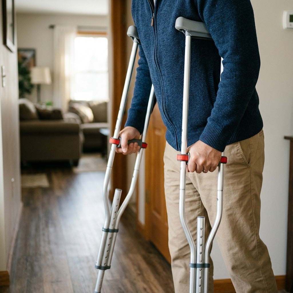 Adjustable Folding Aluminum Underarm Crutches - in use