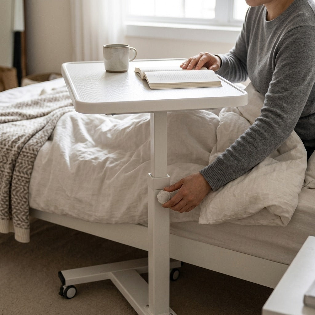 Adjustable Folding Overbed Table with Wheels - in use
