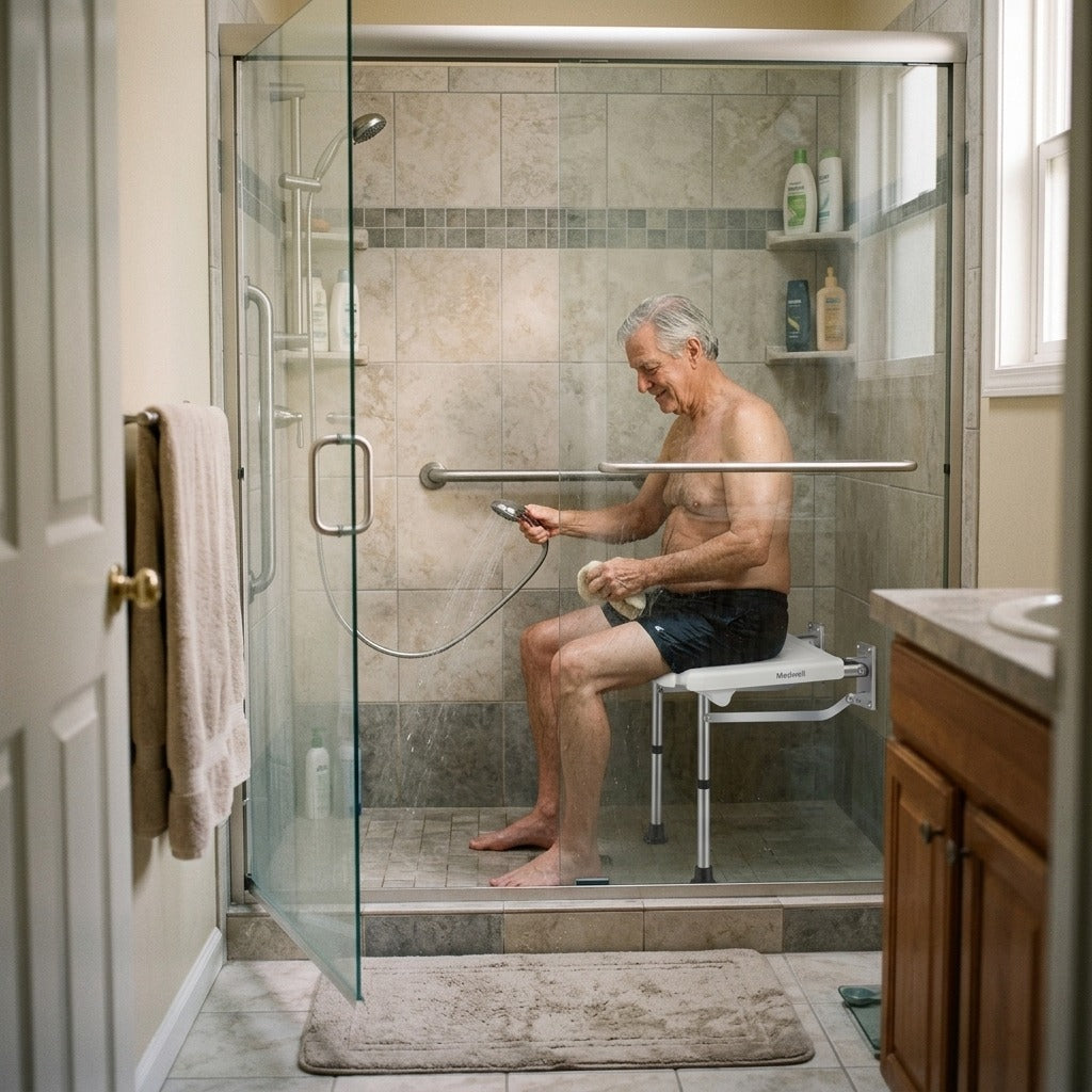 Adjustable Folding Wall-Mounted Shower Seat - in everyday life