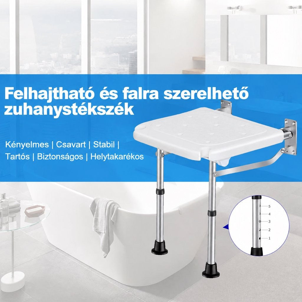 Falra szerelhető, állítható magasságú fehér zuhanyszék a fürdőszobában.