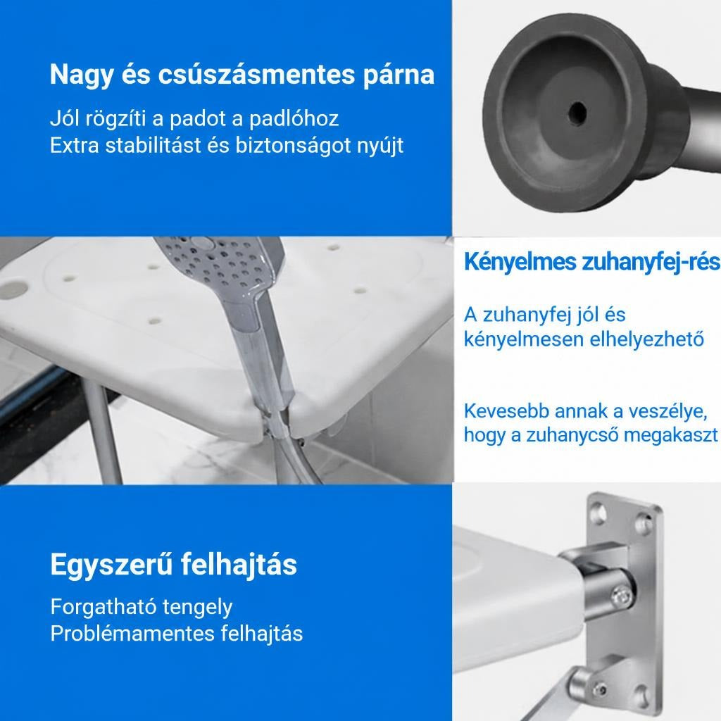 Zuhanyülőke csúszásmentes lábbal, zuhanyfejtartó résszel és felhajtható fali konzollal.