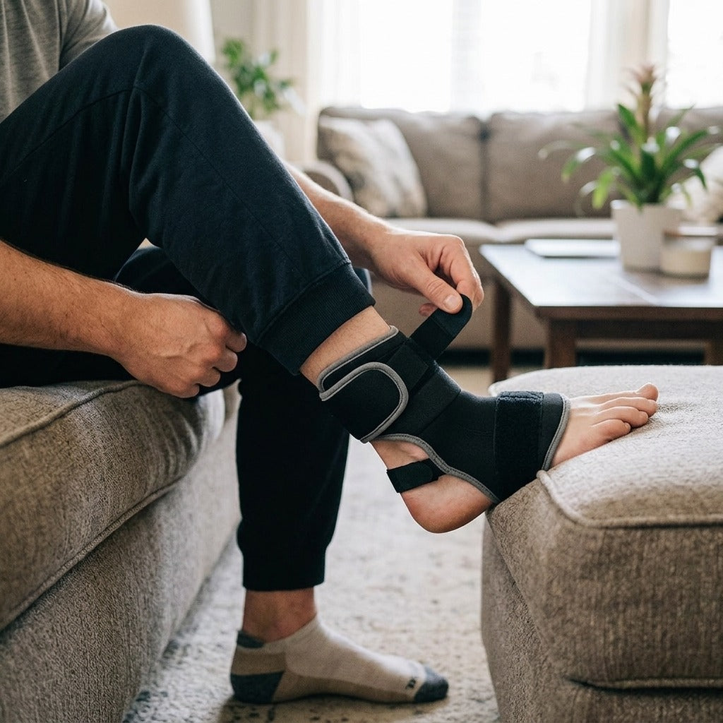Adjustable Foot Drop Support Strap with Splint - in use