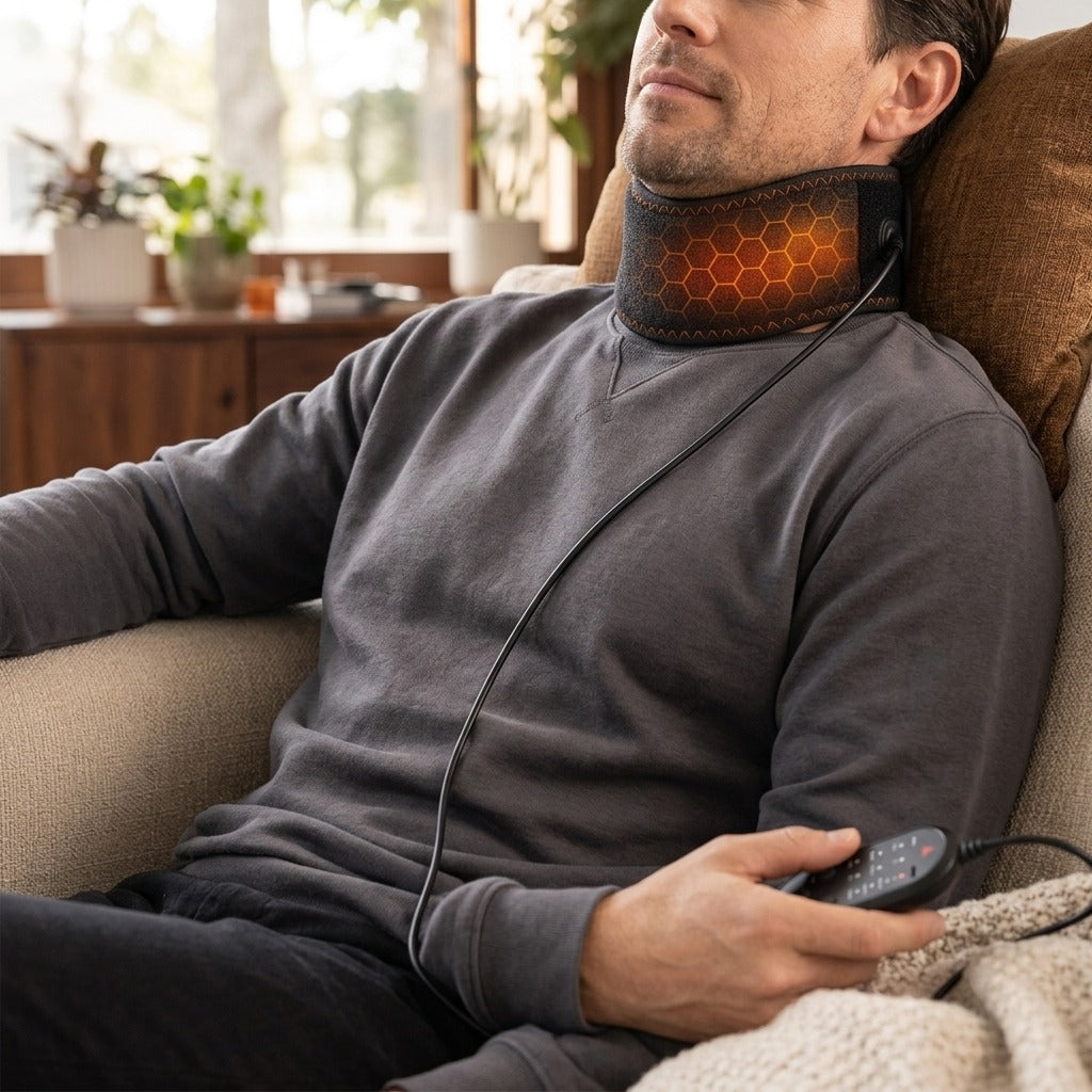 Adjustable Heating and Massage Neck Brace - in use
