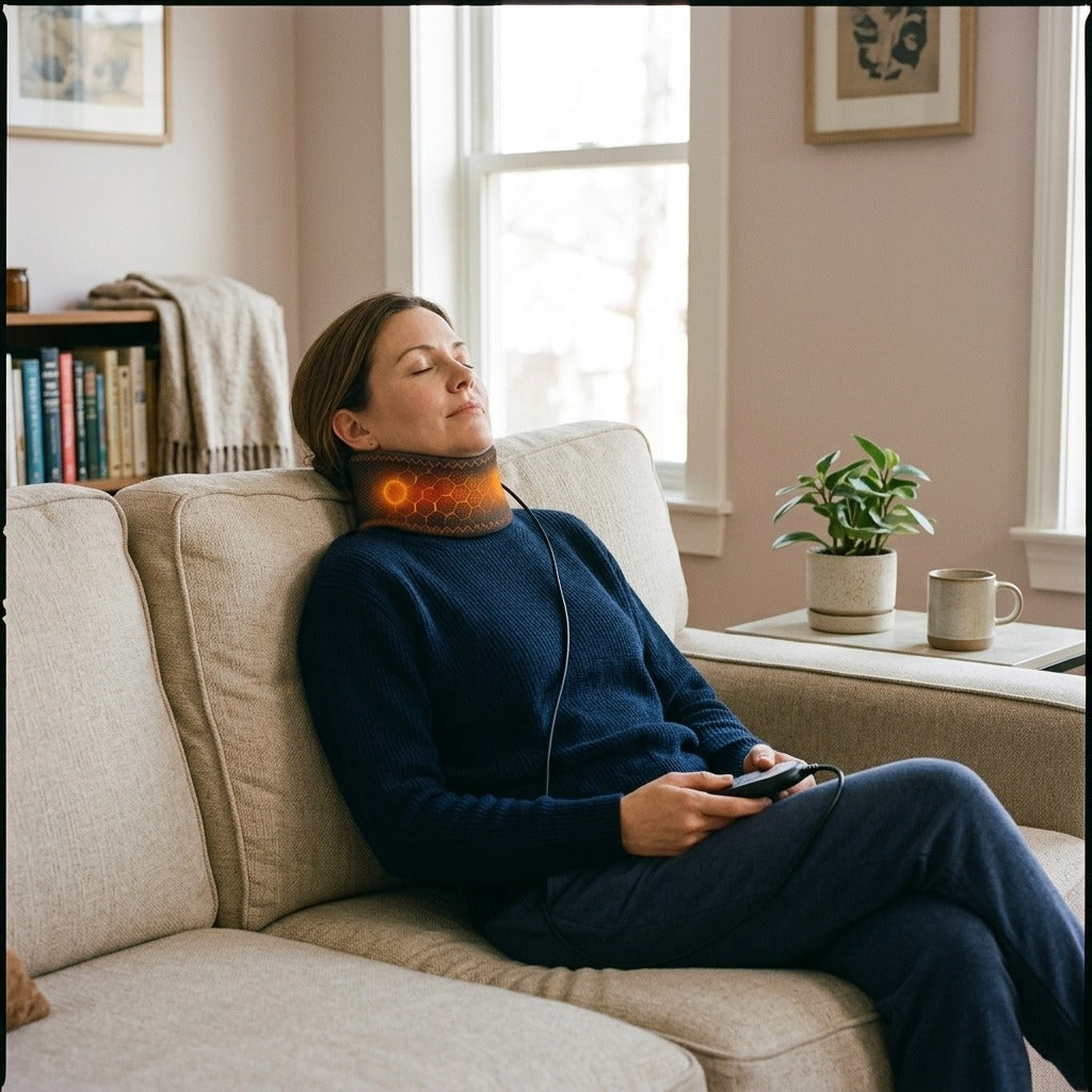 Adjustable Heating and Massage Neck Brace - at home