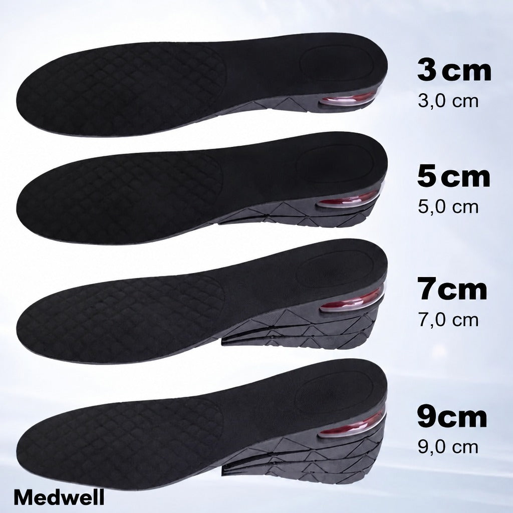 Különböző magasságú, 3 és 9 cm közötti Medwell cipősarok-emelő talpbetétek.