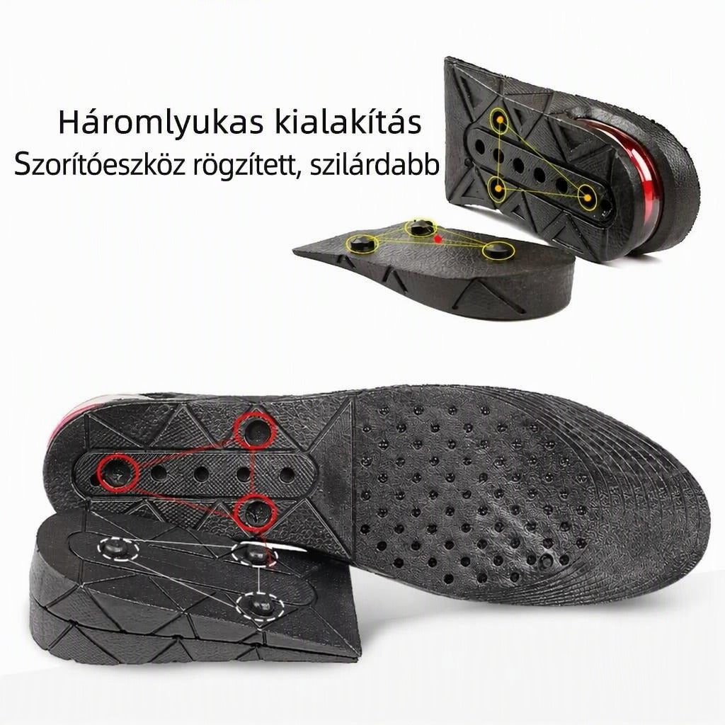 Fekete magasságnövelő talpbetét elemei a hárompontos rögzítési rendszerrel.