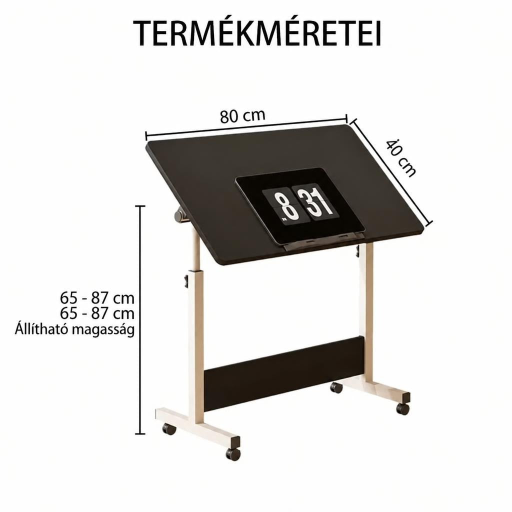 Állítható magasságú, kerekeken guruló laptopasztal méretei: 80x40 cm-es asztallap és 65-87 cm magasság.