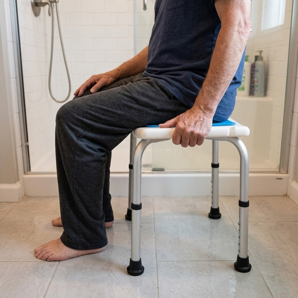 Adjustable-Height Shower Chair with Cushioned Seat - in use