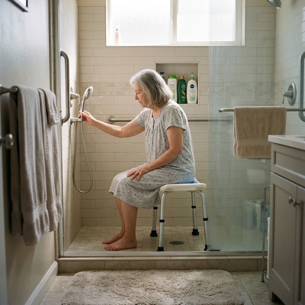 Adjustable-Height Shower Chair with Cushioned Seat - at home