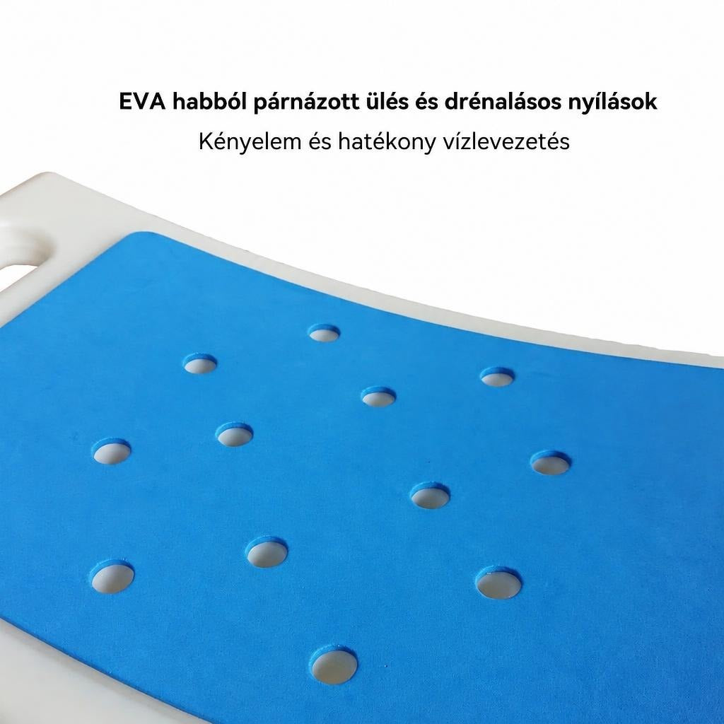Kék EVA habszivacsos fürdőszékkellék vízelvezető nyílásokkal.