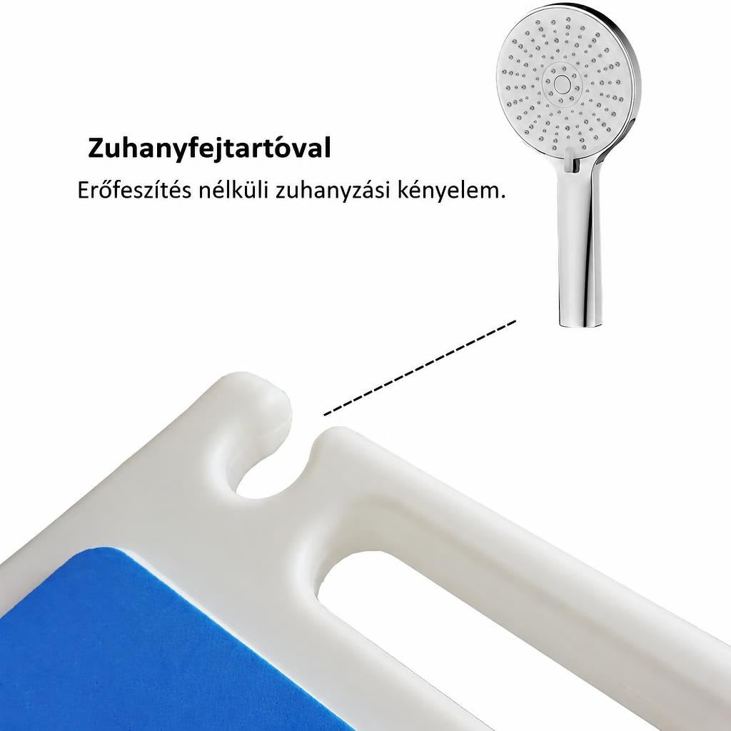 Zuhanyfejtartó nyílás a fürdőkád ülőkén és mellette egy zuhanyfej.