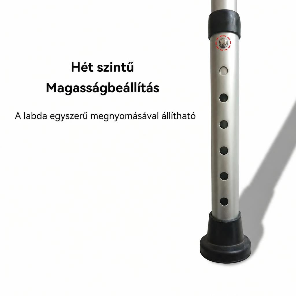Állítható magasságú láb fém csővel és nyomógombos mechanizmussal.