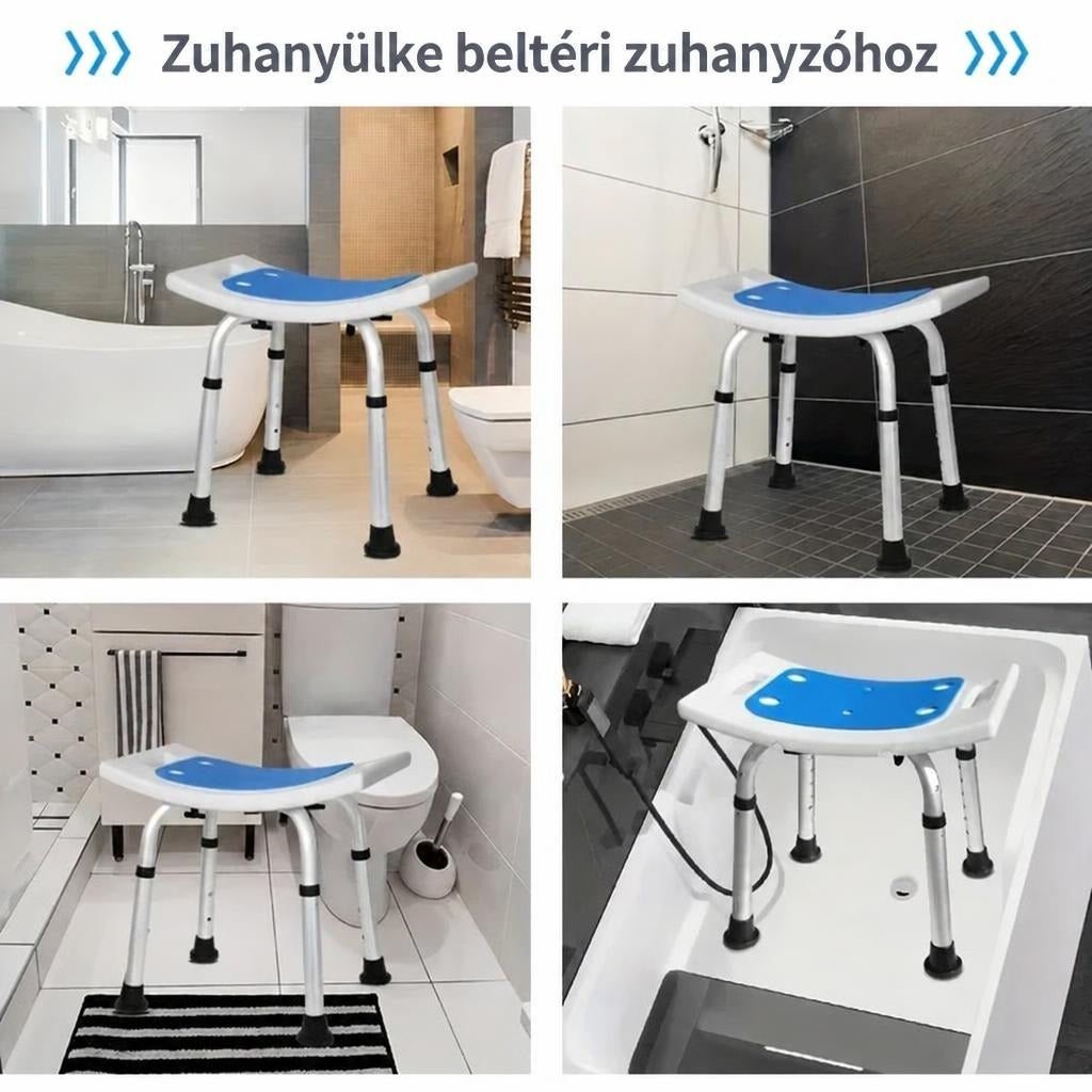 Állítható magasságú zuhanyülőke különböző fürdőszobai környezetekben bemutatva.