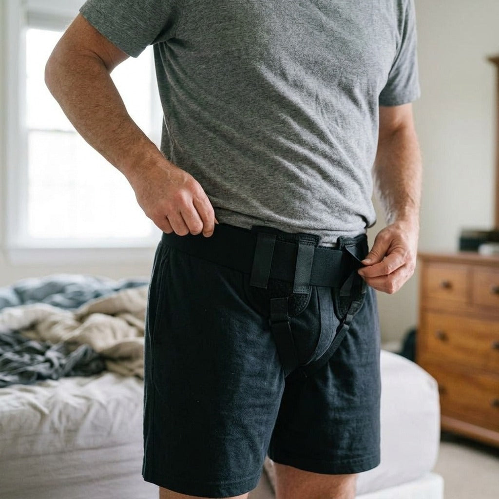Adjustable Hernia Support Belt with Movable Pads - in use