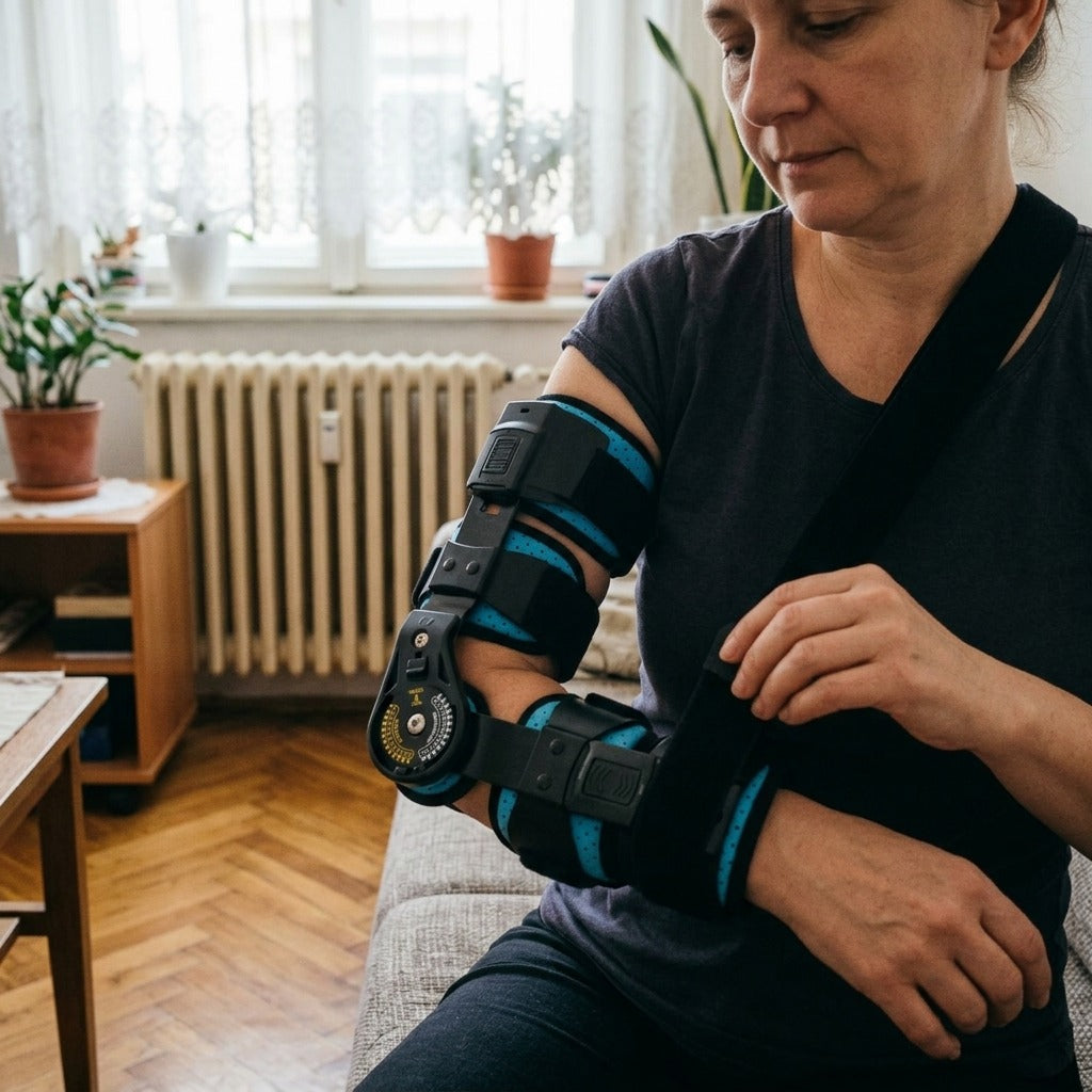 Állítható, csuklós könyökrögzítő, bal vagy jobb karra - használat közben