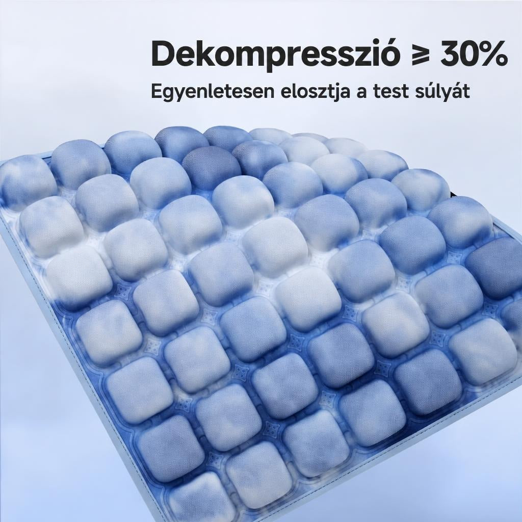 Kék légcellás dekompressziós ülőpárna felülnézetből.