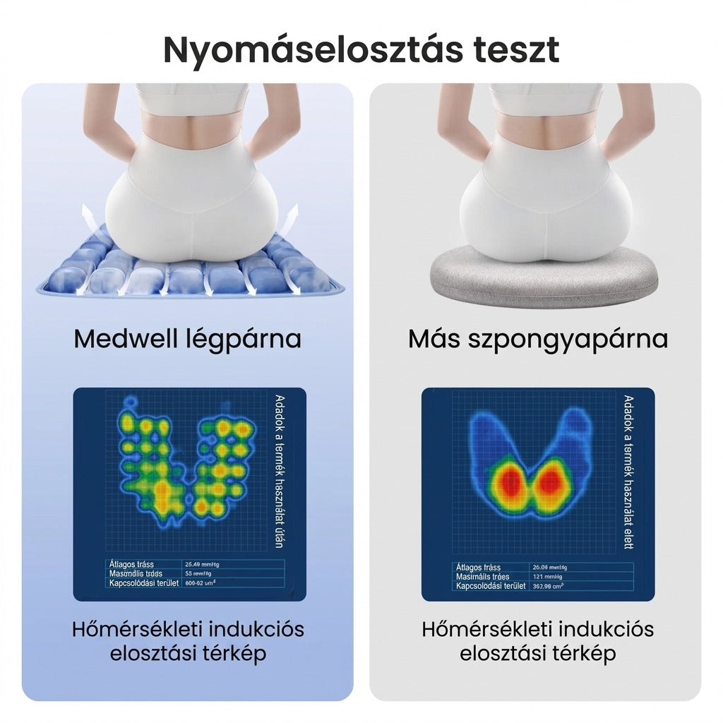 Nyomáseloszlási összehasonlító teszt Medwell légpárna és hagyományos szivacspárna között.