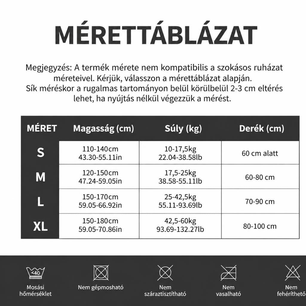 Mérettáblázat gyermekruha méreteivel és gondozási útmutatóval