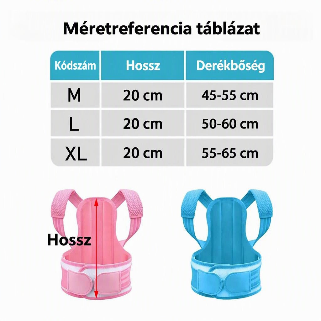Méretreferencia táblázat tartásjavító pántokhoz méretekkel és illusztrációval.