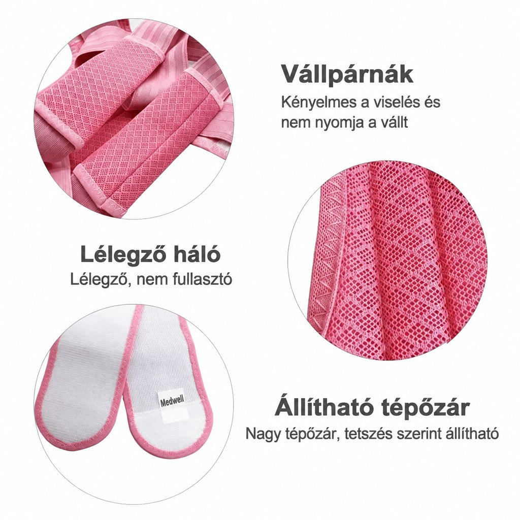Rózsaszín tartásjavító pánt részletei: vállpárnák, lélegző háló és állítható tépőzár.