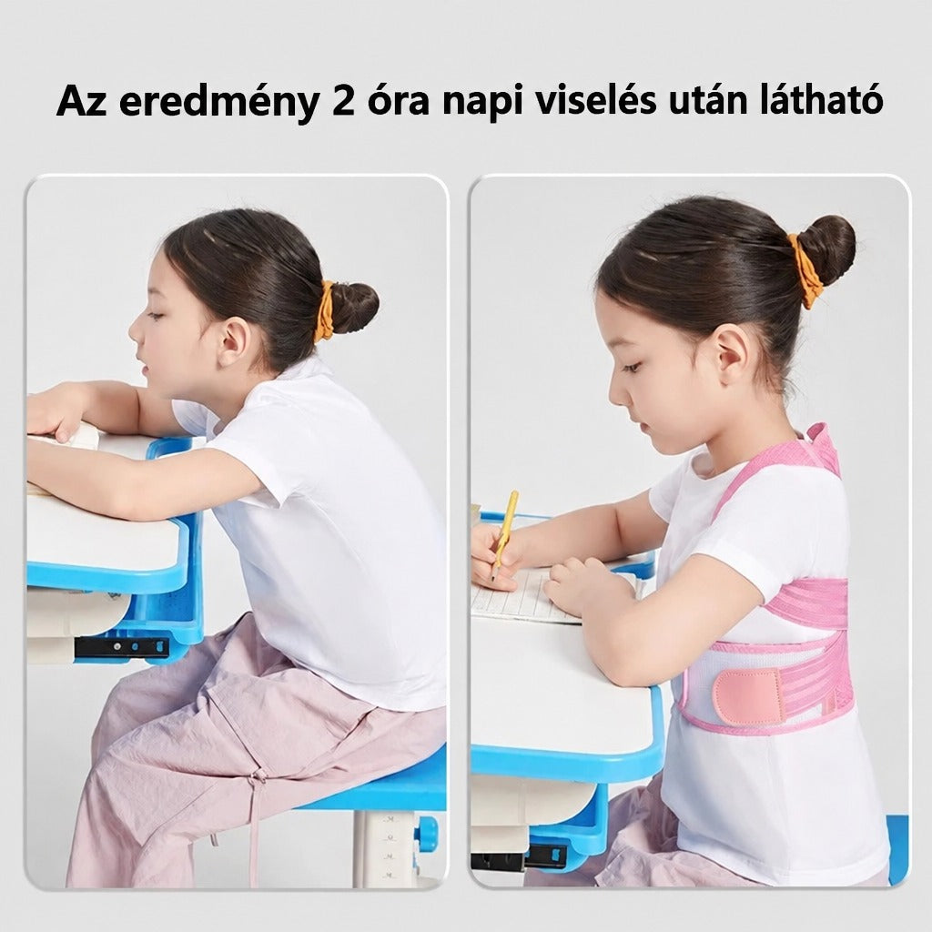 Gyermek helyes és helytelen testtartása tartásjavító pánttal és anélkül az íróasztalnál.