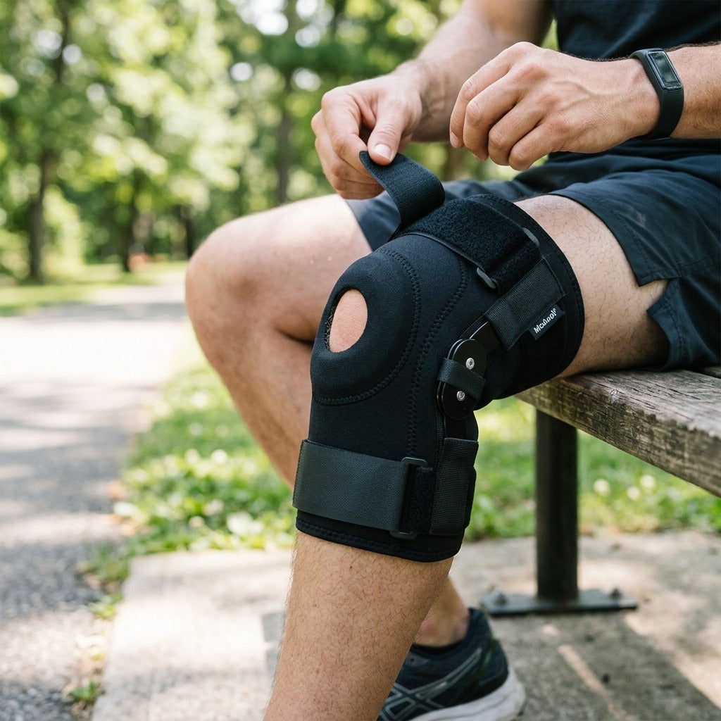 Adjustable Knee Brace with Side Stabilizers and Patella Gel Pads - in use