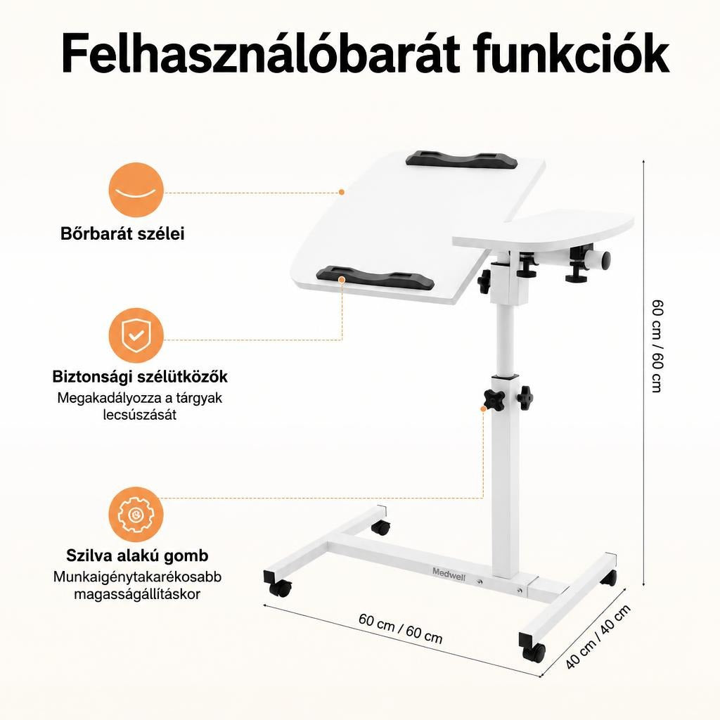 Állítható magasságú, kerekeken guruló fehér laptopasztal méretekkel és funkciókkal.