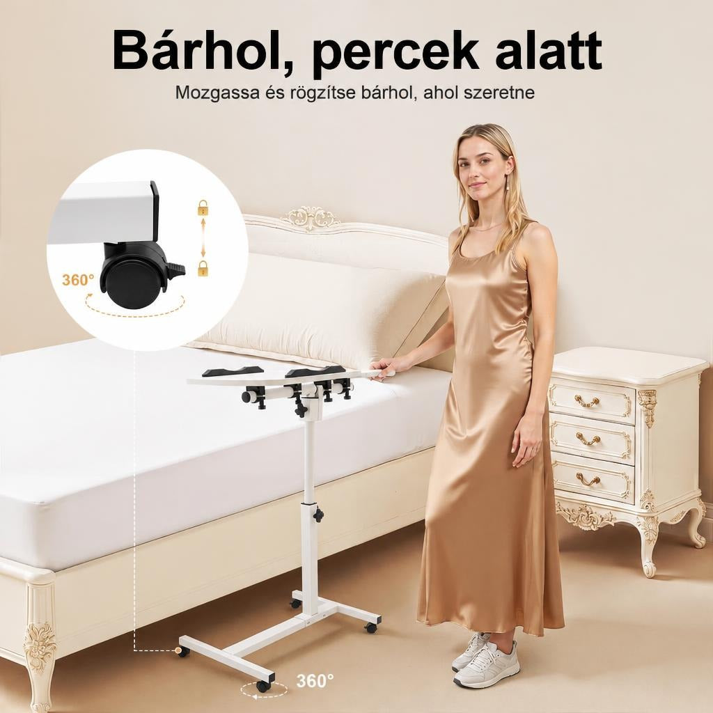 Nő az ágy mellett állítható magasságú és fékezhető kerekekkel ellátott ágyasztallal.