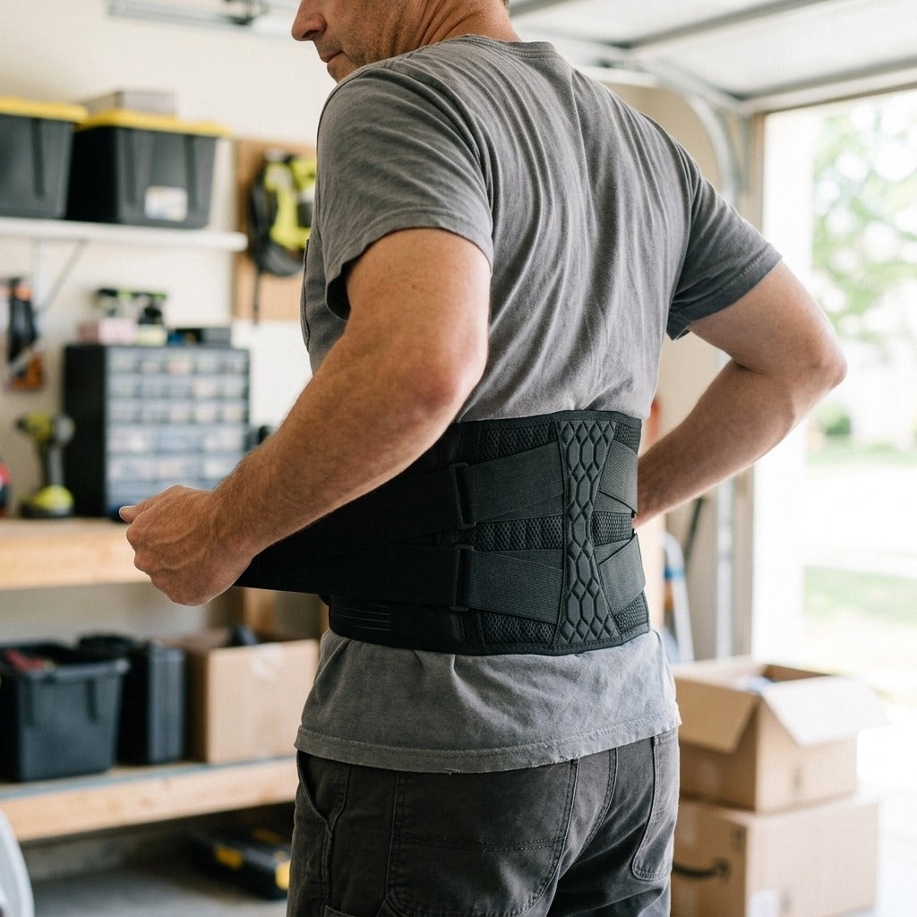 Adjustable Lumbar Back Support Belt with 10 Stays - in use