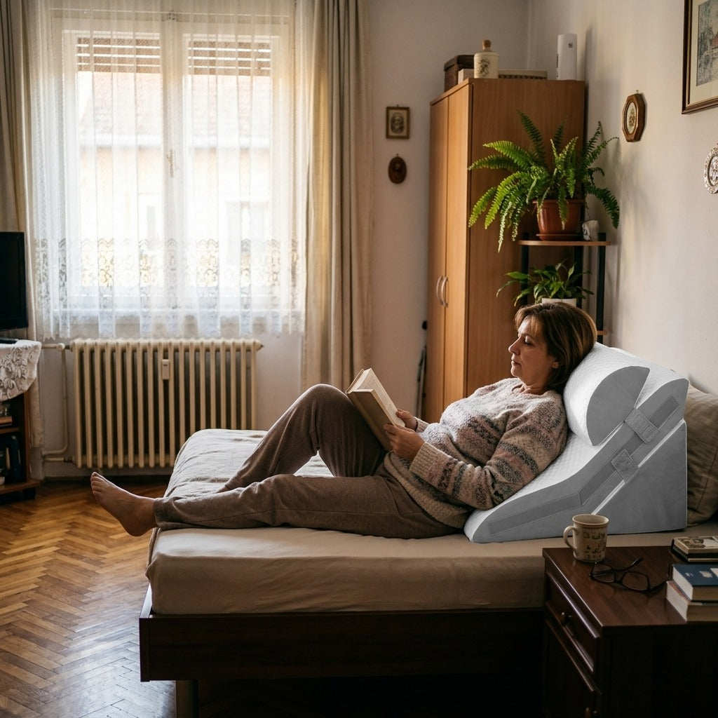 Állítható memóriahabos ékpárna nyakhengerrel - otthon