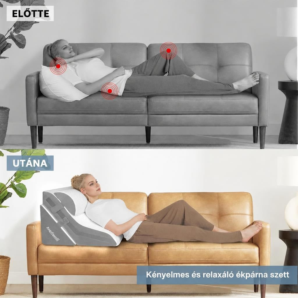 Előtte-utána összehasonlítás a Medwell kényelmes ékpárna szett használatáról a kanapén.