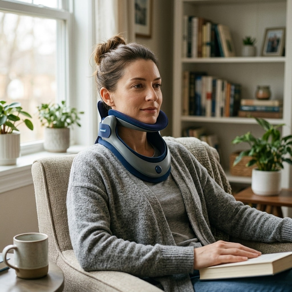 Adjustable Neck Traction Device with Foam Pads - at home