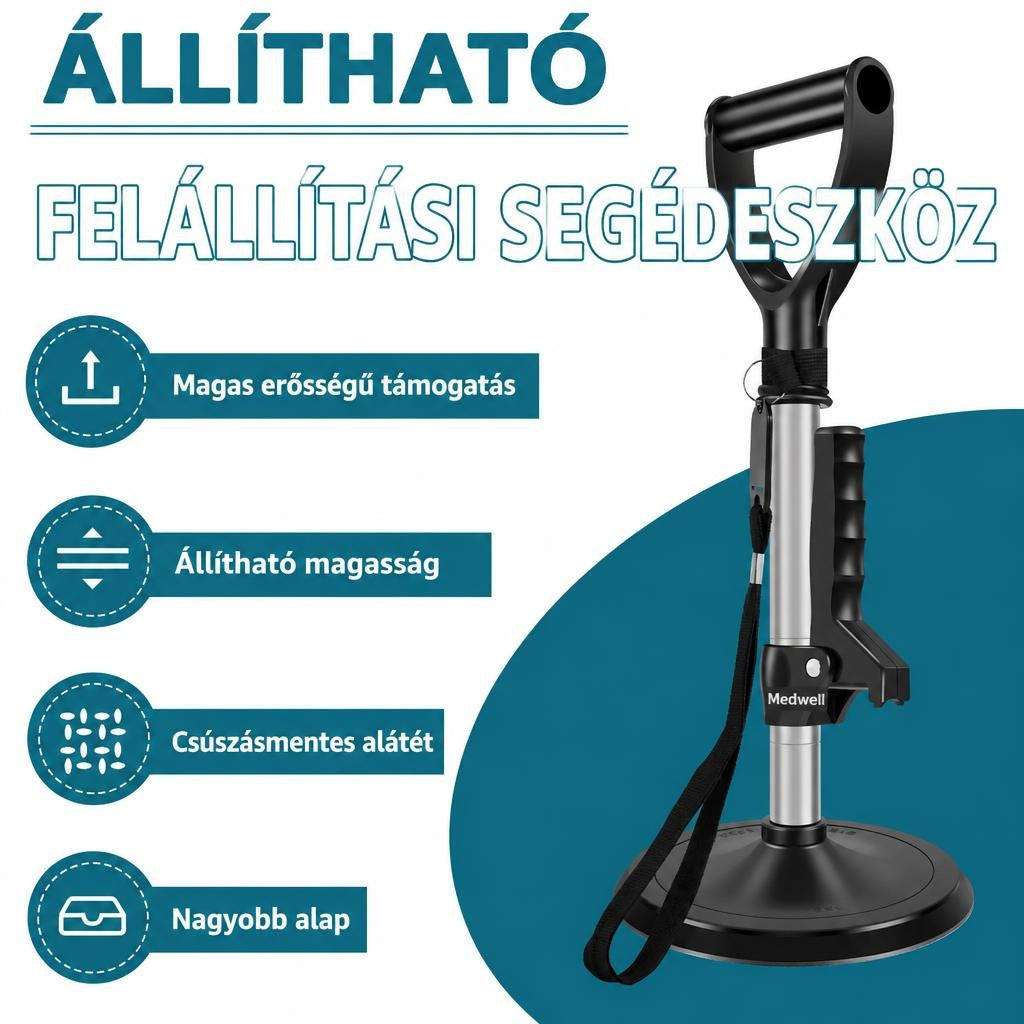 Állítható magasságú felállási segédeszköz csúszásmentes széles alappal.